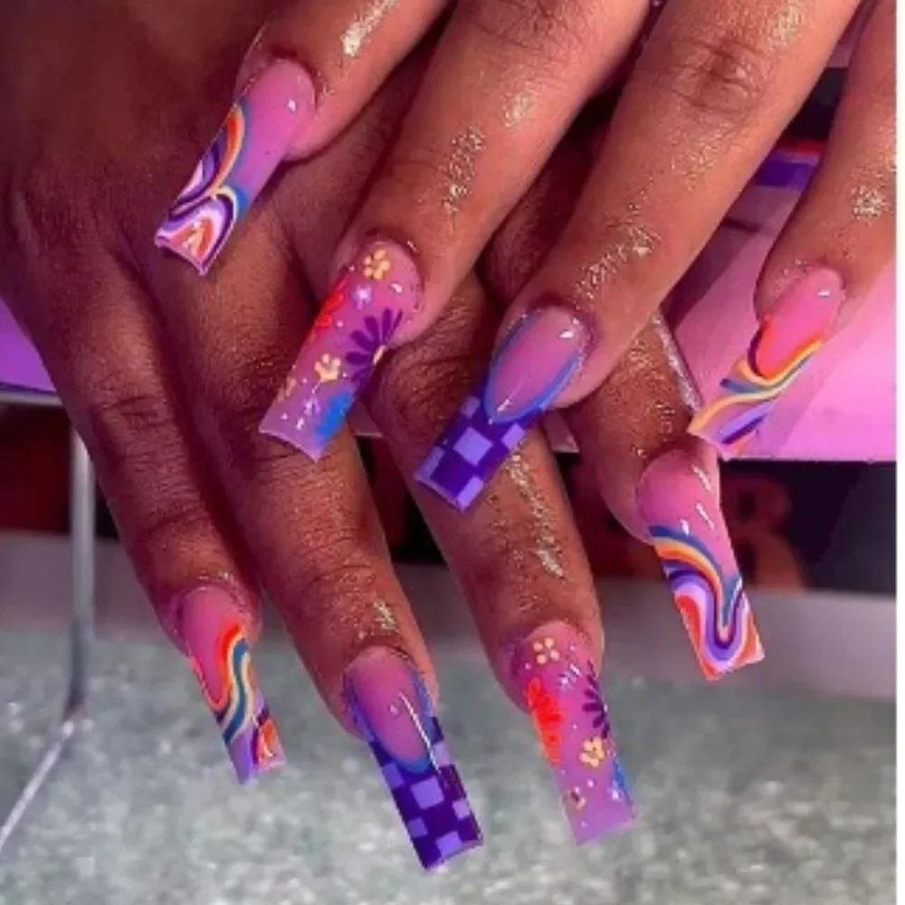 3for$20 24pcs/set Long Coffin Shaped Floral Pattern 3d Rhinestone Nail Tips